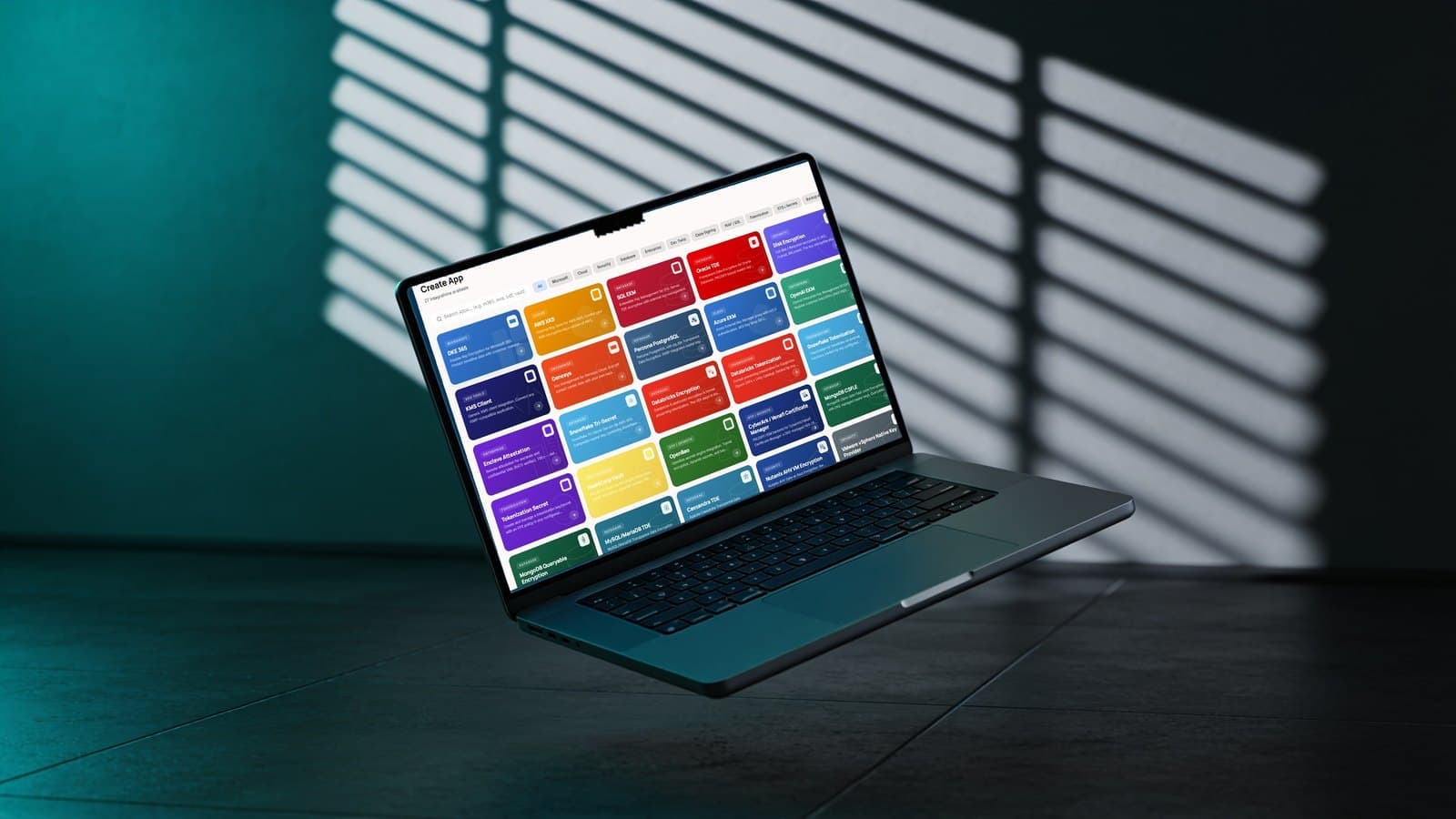 DuoKey Cockpit integration catalog on a laptop, with tiles for DKE 365, AWS XKS, SQL EKM, Oracle TDE, Snowflake, Databricks and OpenBao